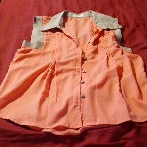 Mine Orange and Beige Sleeveless Button-Up Shirt